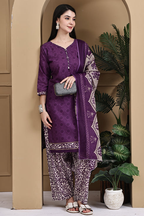 Purple Cotton Blend Printed Ready to Wear Patiala Salwar Suit