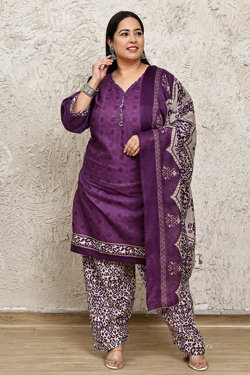 Purple Cotton Blend Printed Plus Size Ready to Wear Patiala Salwar Suit