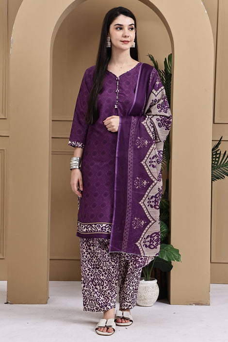 Purple Cotton Blend Printed Ready to Wear Patiala Salwar Suit