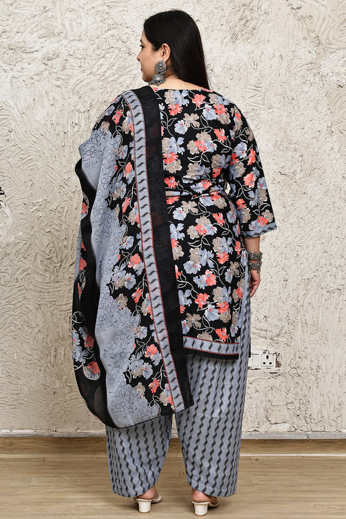 Black Cotton Blend Printed Plus Size Ready to Wear Patiala Salwar Suit