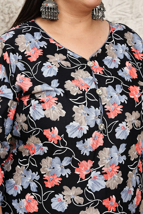 Black Cotton Blend Printed Plus Size Ready to Wear Patiala Salwar Suit