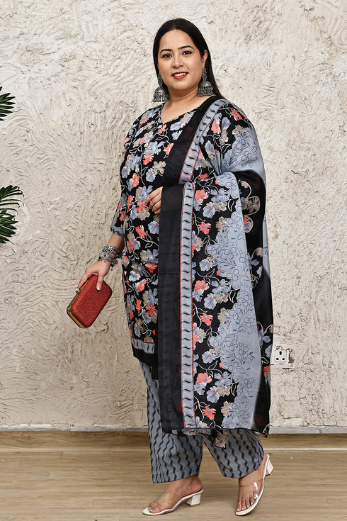 Black Cotton Blend Printed Plus Size Ready to Wear Patiala Salwar Suit