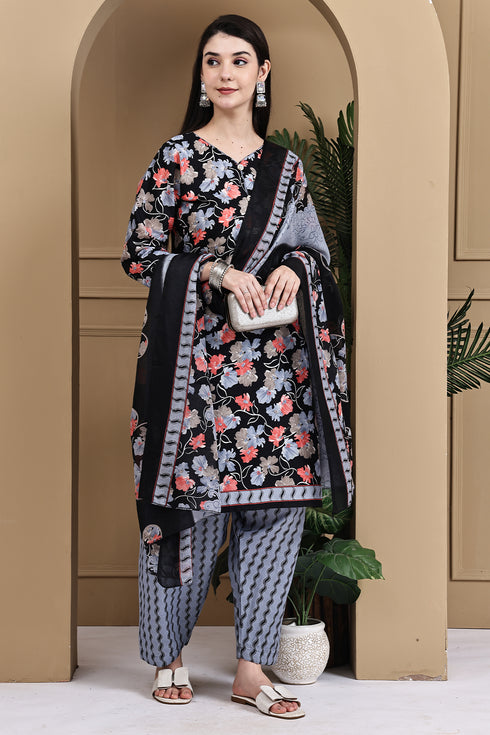 Black Cotton Blend Printed Ready to Wear Patiala Salwar Suit
