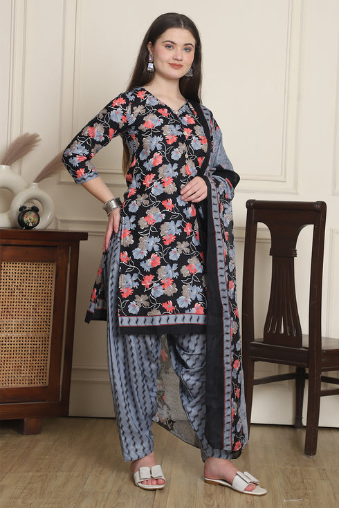 Black Cotton Blend Printed Ready to Wear Patiala Salwar Suit
