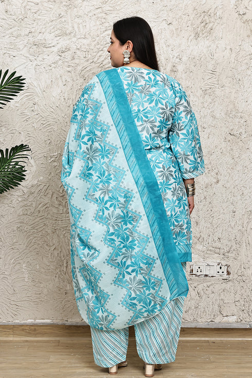 Turquoise & White Cotton Blend Printed Plus Size Ready to Wear Patiala Salwar Suit