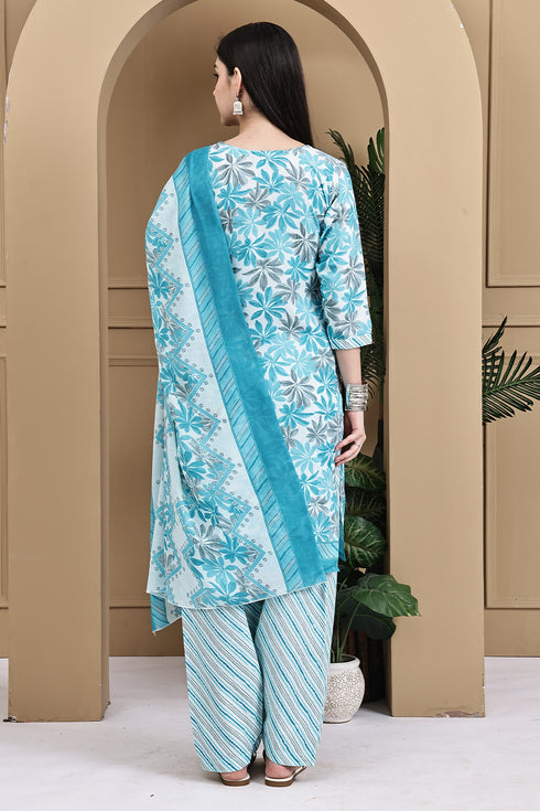 Turquoise & White Cotton Blend Printed Ready to Wear Patiala Salwar Suit