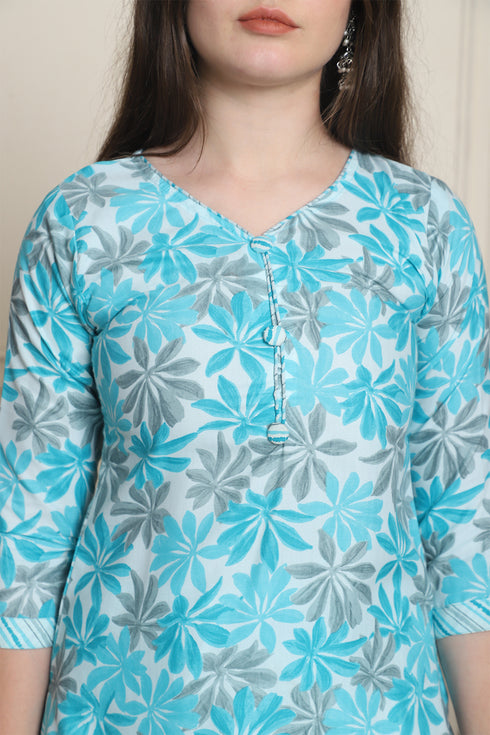 Turquoise & White Cotton Blend Printed Ready to Wear Patiala Salwar Suit