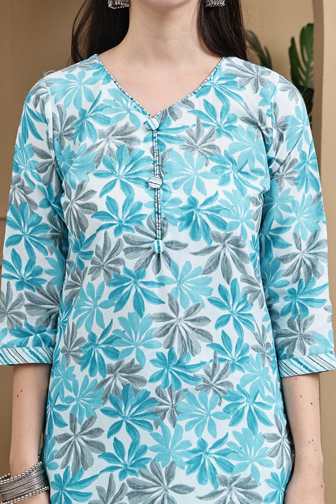 Turquoise & White Cotton Blend Printed Ready to Wear Patiala Salwar Suit