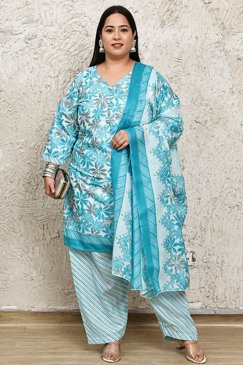 Turquoise & White Cotton Blend Printed Plus Size Ready to Wear Patiala Salwar Suit