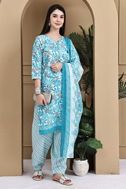 Turquoise & White Cotton Blend Printed Ready to Wear Patiala Salwar Suit
