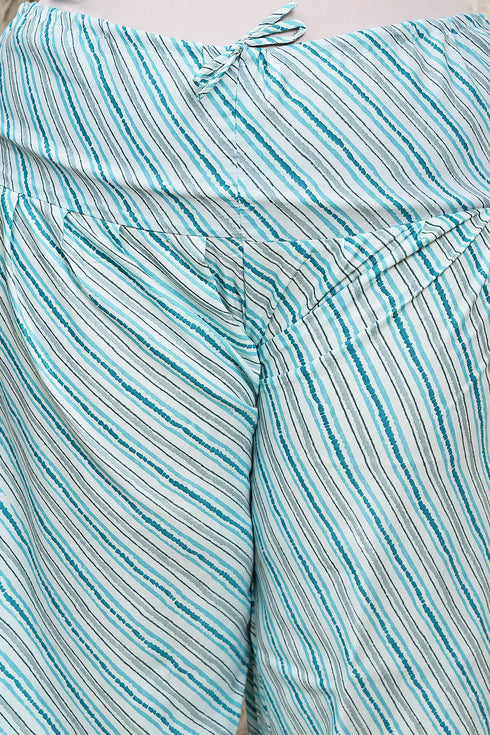 Turquoise & White Cotton Blend Printed Plus Size Ready to Wear Patiala Salwar Suit