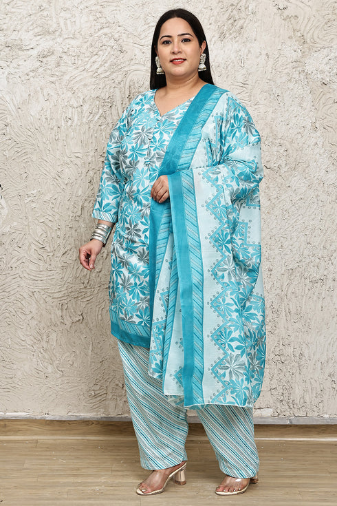 Turquoise & White Cotton Blend Printed Plus Size Ready to Wear Patiala Salwar Suit