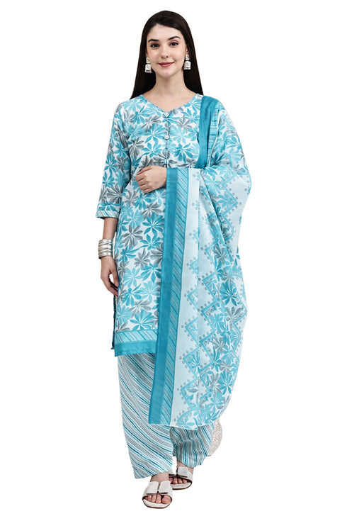 Turquoise & White Cotton Blend Printed Ready to Wear Patiala Salwar Suit