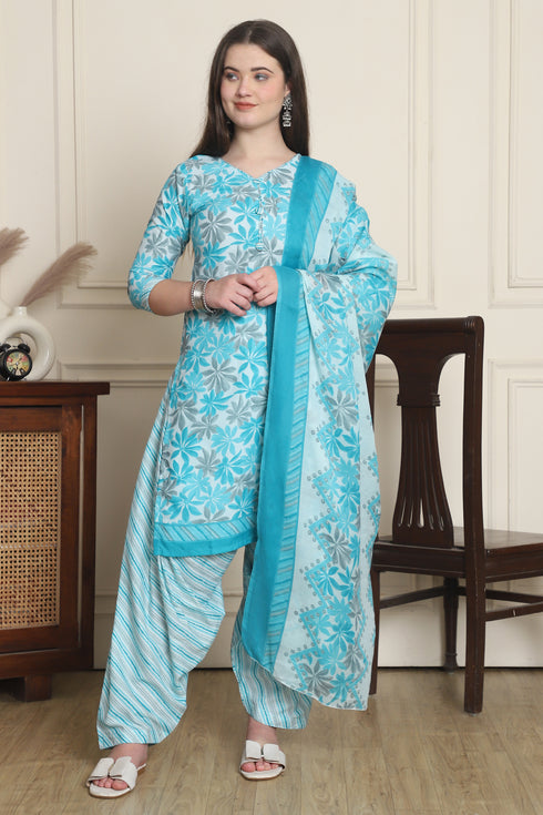Turquoise & White Cotton Blend Printed Ready to Wear Patiala Salwar Suit