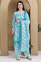 Turquoise & White Cotton Blend Printed Ready to Wear Patiala Salwar Suit