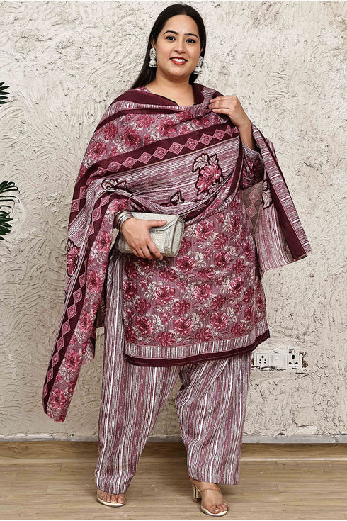 Wine Cotton Blend Printed Plus Size Ready to Wear Patiala Salwar Suit