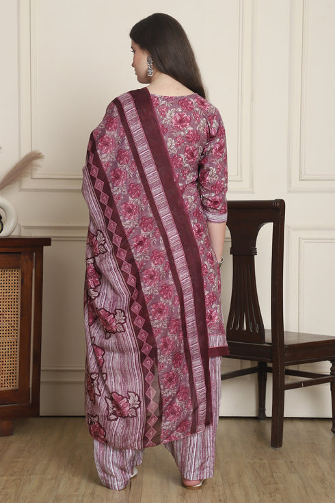 Wine Cotton Blend Printed Ready to Wear Patiala Salwar Suit