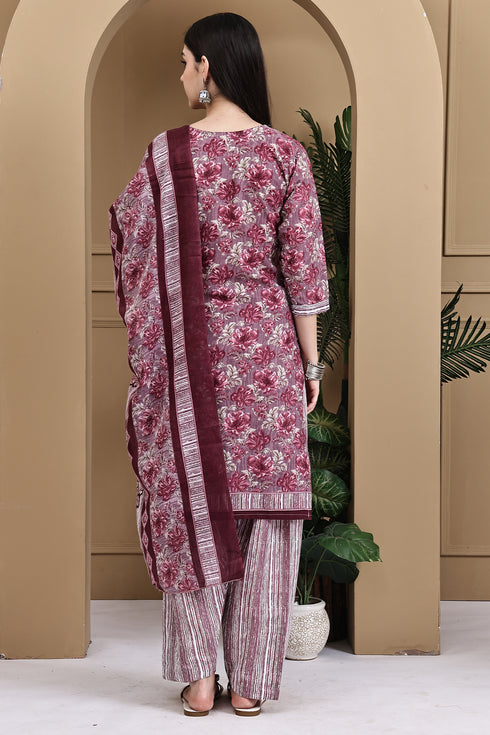 Wine Cotton Blend Printed Ready to Wear Patiala Salwar Suit