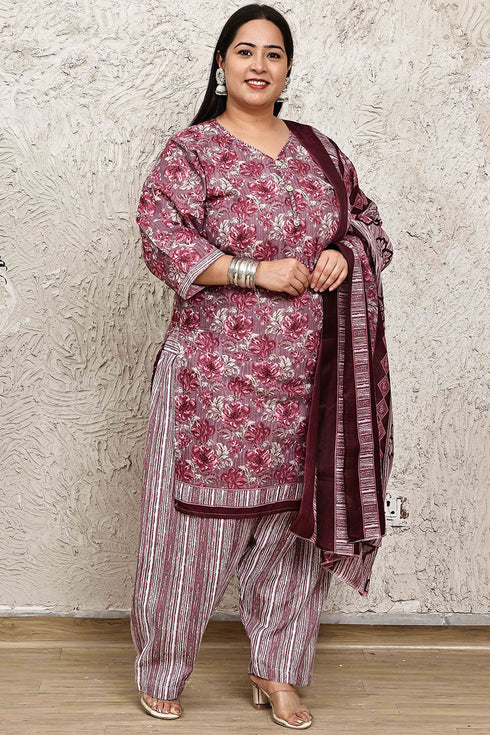 Wine Cotton Blend Printed Plus Size Ready to Wear Patiala Salwar Suit