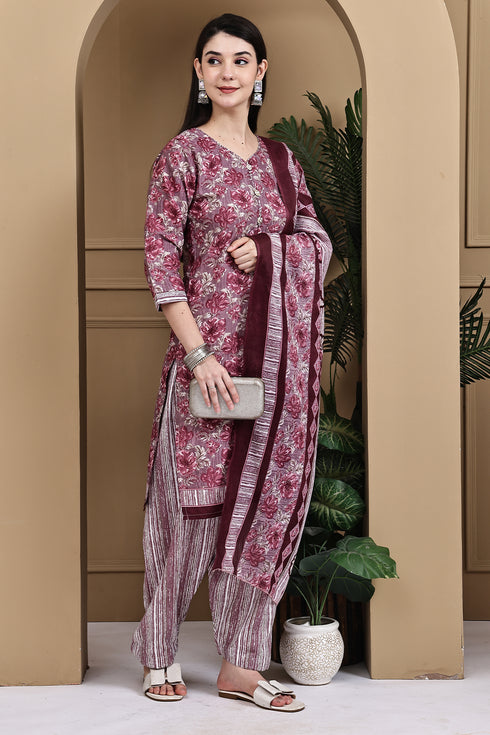 Wine Cotton Blend Printed Ready to Wear Patiala Salwar Suit