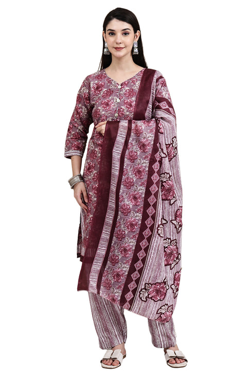 Wine Cotton Blend Printed Ready to Wear Patiala Salwar Suit