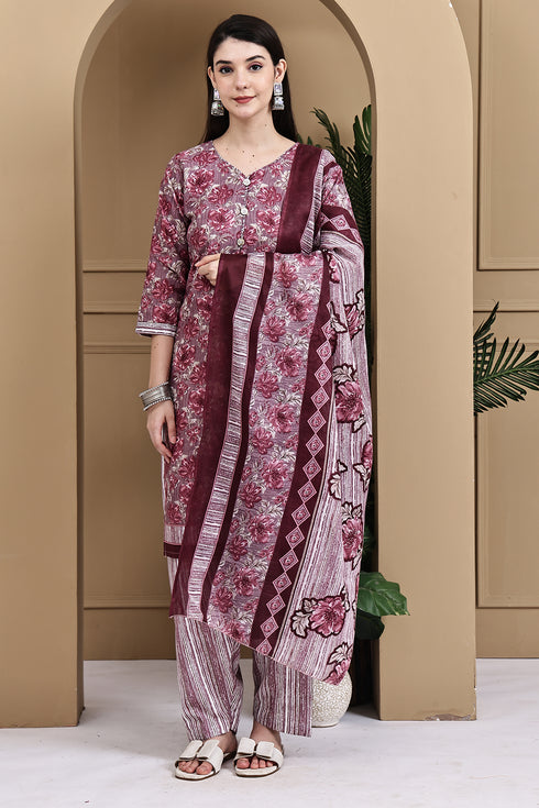Wine Cotton Blend Printed Ready to Wear Patiala Salwar Suit