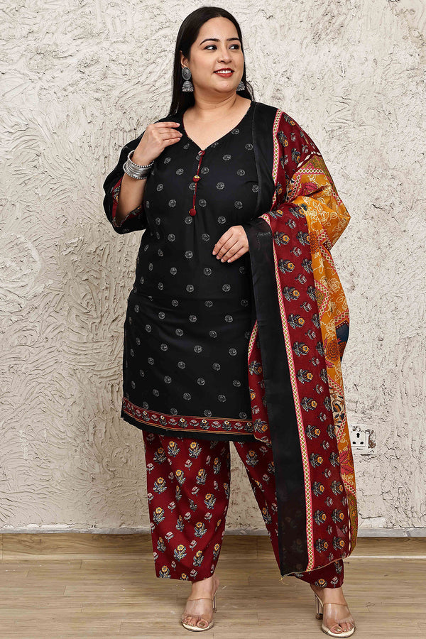 Black Cotton Blend Printed Plus Size Ready to Wear Patiala Salwar Suit