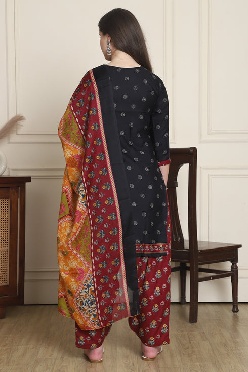 Black Cotton Blend Printed Ready to Wear Patiala Salwar Suit