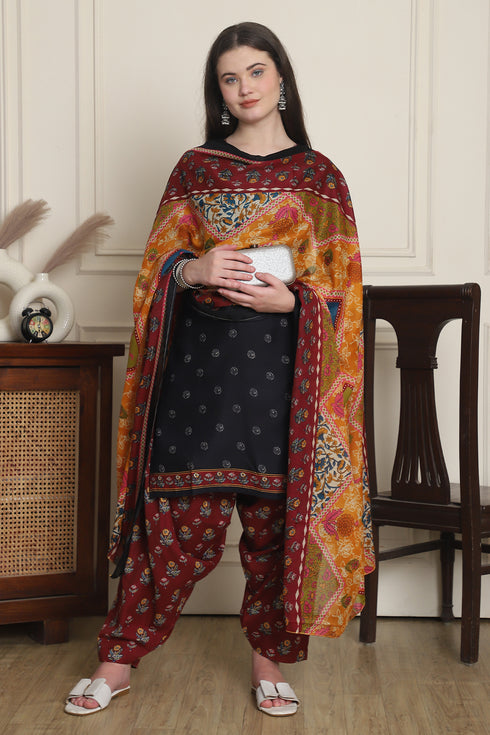 Black Cotton Blend Printed Ready to Wear Patiala Salwar Suit