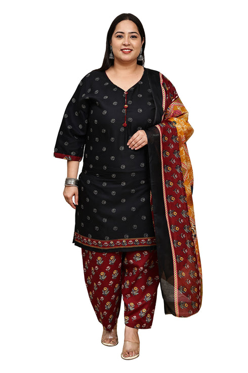Black Cotton Blend Printed Plus Size Ready to Wear Patiala Salwar Suit