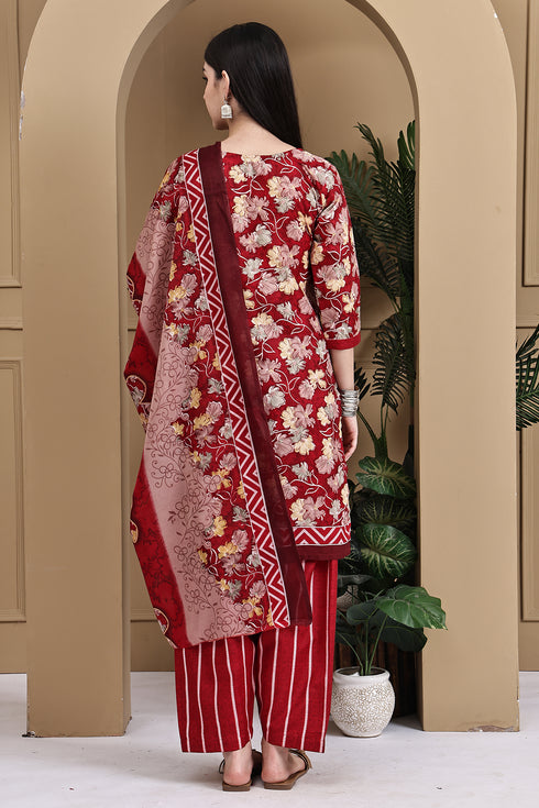 Red Cotton Blend Printed Ready to Wear Patiala Salwar Suit