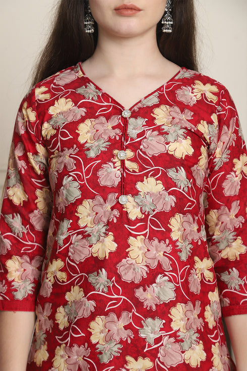 Red Cotton Blend Printed Ready to Wear Patiala Salwar Suit