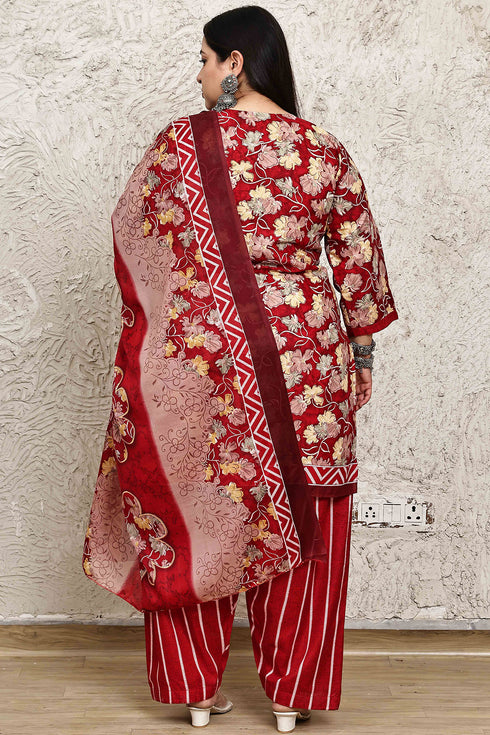 Red Cotton Blend Printed Plus Size Ready to Wear Patiala Salwar Suit