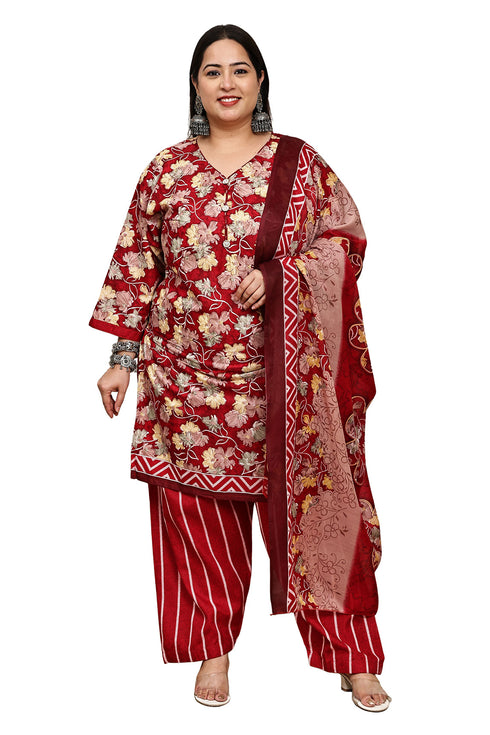 Red Cotton Blend Printed Plus Size Ready to Wear Patiala Salwar Suit
