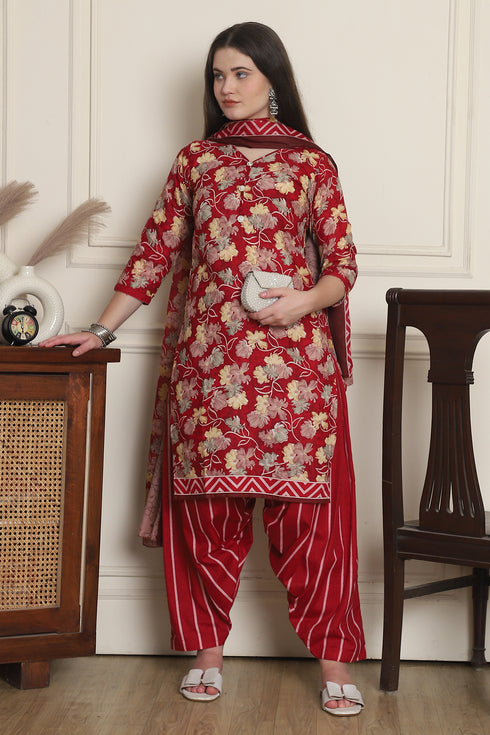Red Cotton Blend Printed Ready to Wear Patiala Salwar Suit