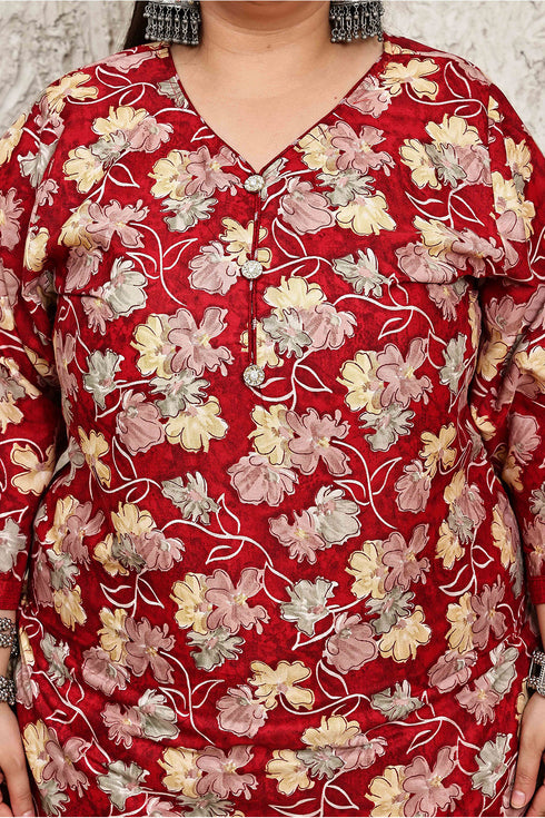 Red Cotton Blend Printed Plus Size Ready to Wear Patiala Salwar Suit