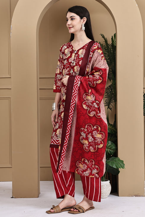 Red Cotton Blend Printed Ready to Wear Patiala Salwar Suit