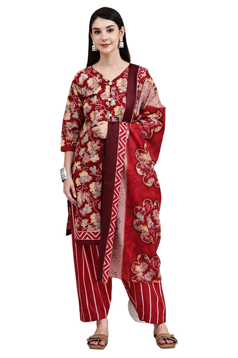 Red Cotton Blend Printed Ready to Wear Patiala Salwar Suit