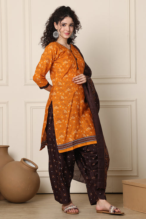 Orange Cotton Blend Printed Ready to Wear Patiala Salwar Suit