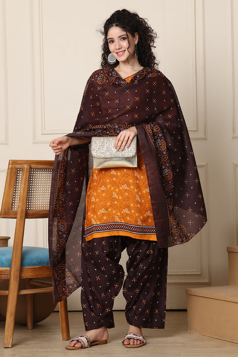 Orange Cotton Blend Printed Ready to Wear Patiala Salwar Suit