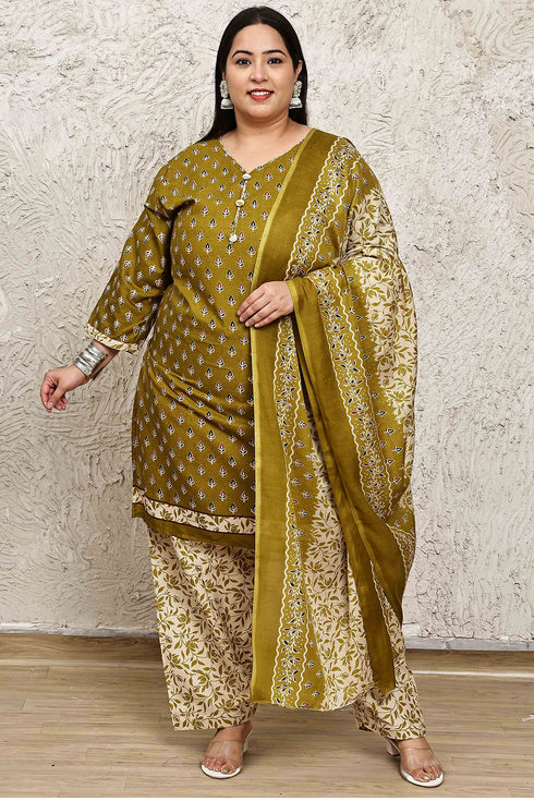 Green Cotton Blend Printed Plus Size Ready to Wear Patiala Salwar Suit