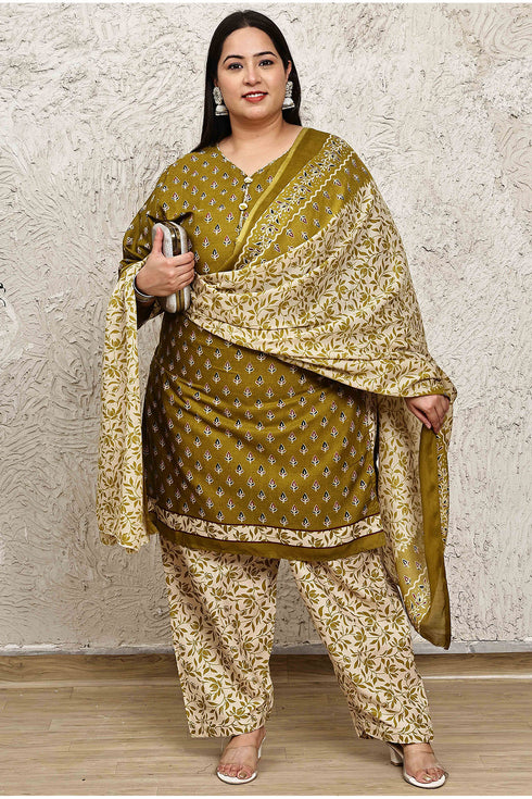 Green Cotton Blend Printed Plus Size Ready to Wear Patiala Salwar Suit