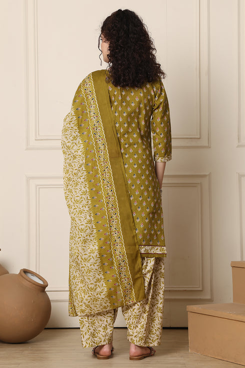 Green Cotton Blend Printed Ready to Wear Patiala Salwar Suit