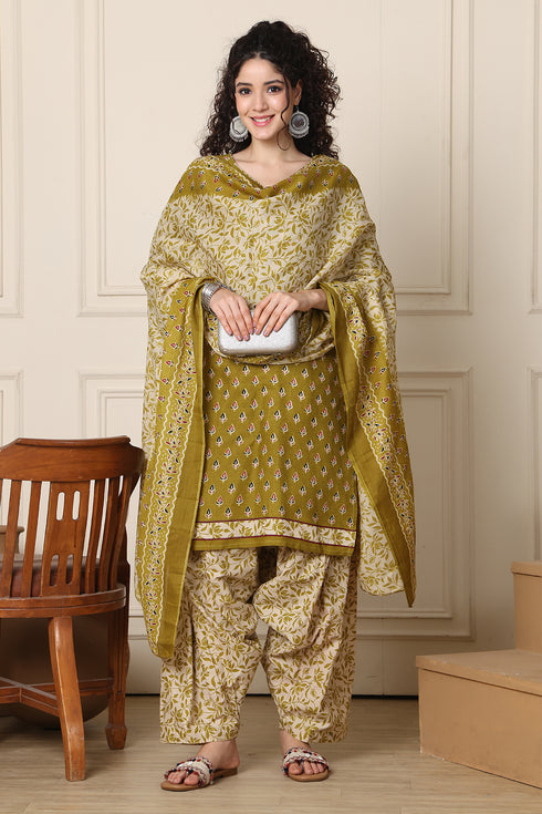 Green Cotton Blend Printed Ready to Wear Patiala Salwar Suit