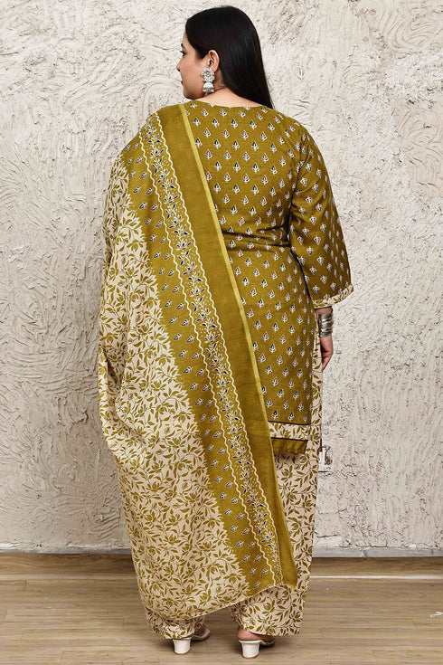 Green Cotton Blend Printed Plus Size Ready to Wear Patiala Salwar Suit