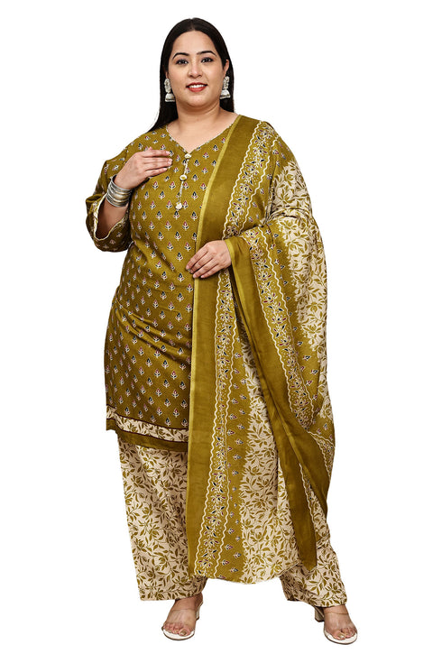 Green Cotton Blend Printed Plus Size Ready to Wear Patiala Salwar Suit