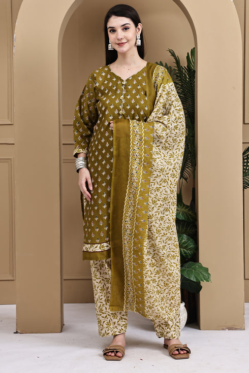 Green Cotton Blend Printed Ready to Wear Patiala Salwar Suit