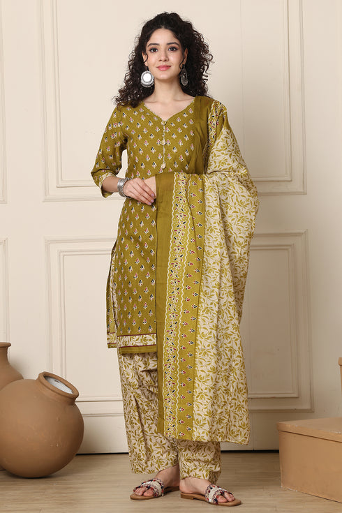 Green Cotton Blend Printed Ready to Wear Patiala Salwar Suit