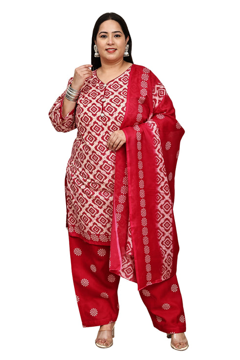 Beige & Pink Cotton Blend Printed Plus Size Ready to Wear Patiala Salwar Suit