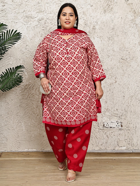 Beige & Pink Cotton Blend Printed Plus Size Ready to Wear Patiala Salwar Suit